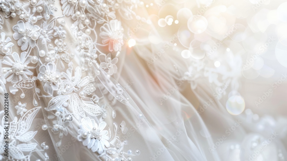 This closeup features a breathtaking wedding dress with intricate embroidery and sparkling details that shine This closeup features a breathtaking wedding dress with intricate embroidery and sparkling details that shine