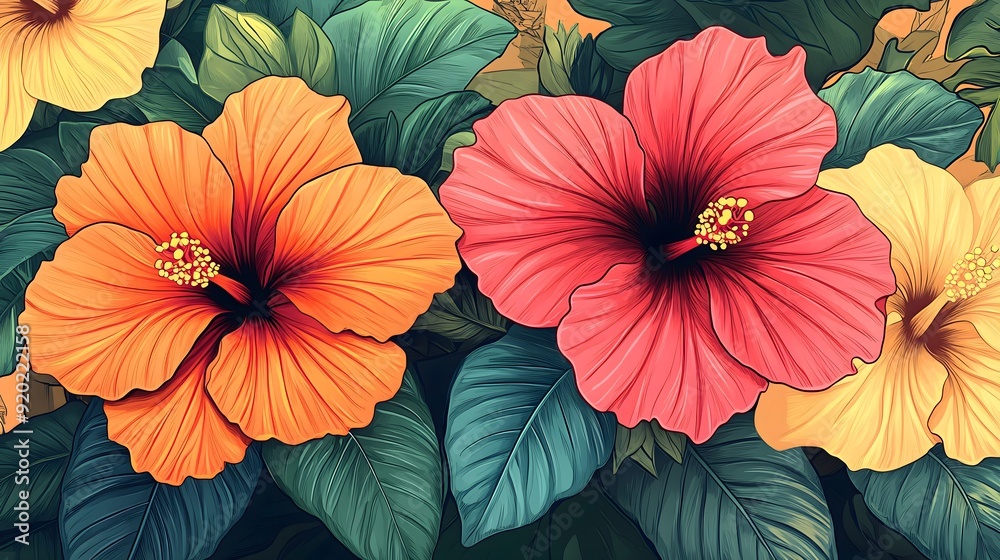 Obraz premium Handdrawn hibiscus flowers with their large, colorful petals