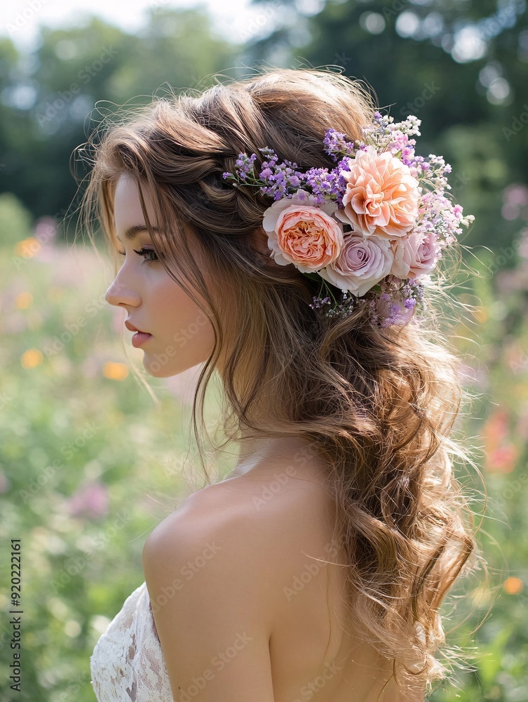 Naklejka premium Elegant Half-Up Half-Down Hairstyle with Floral Accents
