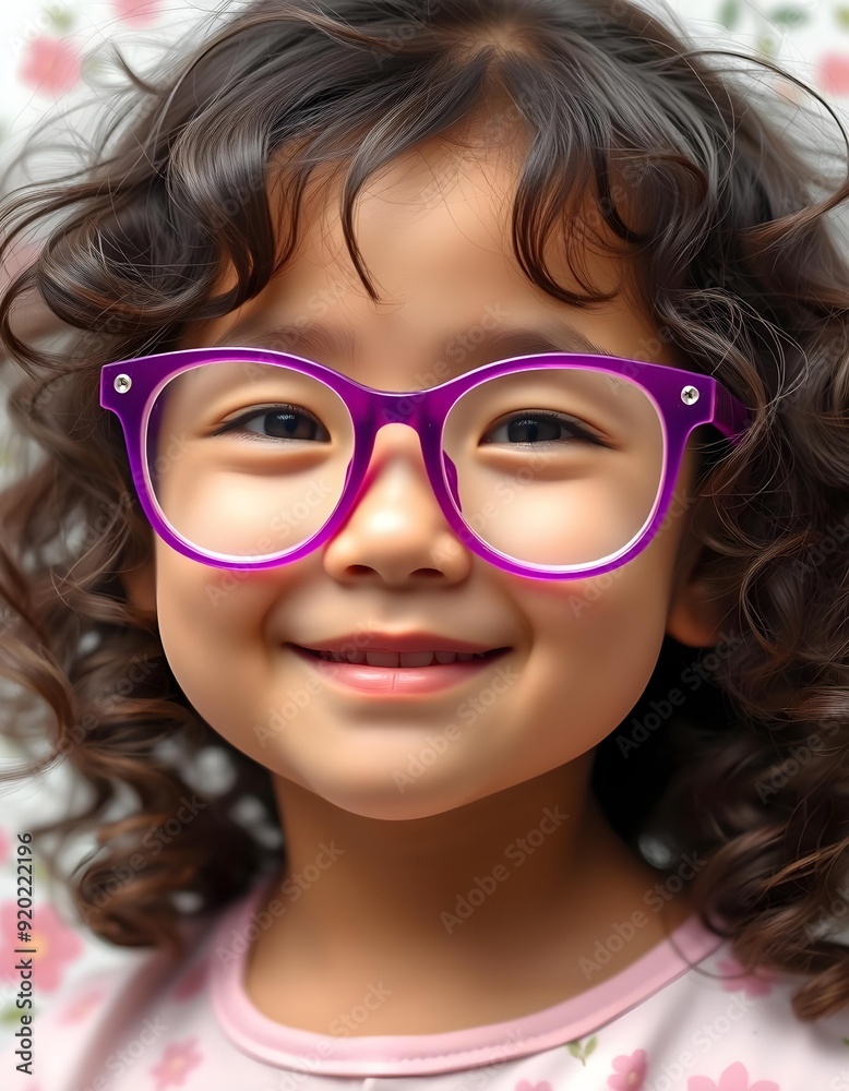 Adorable Young Girl with Curly Hair Wearing Purple Glasses and Smiling Adorable Young Girl with Curly Hair Wearing Purple Glasses and Smiling