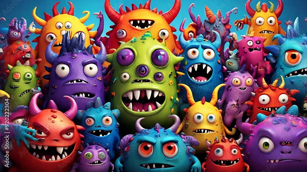 Group of colorful cartoon monsters with big eyes and teeth, suitable for childrens illustrations, Halloween designs, and monsterthemed projects. Group of colorful cartoon monsters with big eyes and teeth, suitable for childrens illustrations, Halloween designs, and monsterthemed projects.