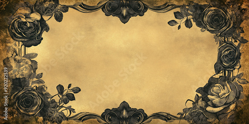 Vintage grunge background featuring roses forming a border around old parchment