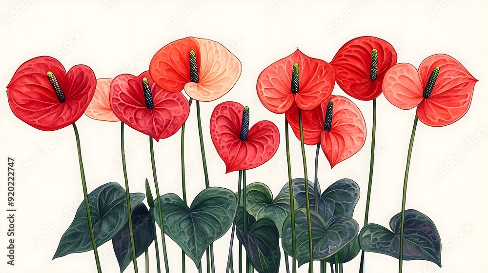 Obraz premium Handdrawn, vivid anthurium flowers with their heartshaped petals
