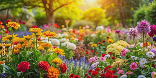 Fototapeta Naklejka Na Ścianę i Meble -  Colorful blooming flowers in a garden, blooming, flowers, garden, colorful, vibrant, petals, nature, flora, beauty, spring