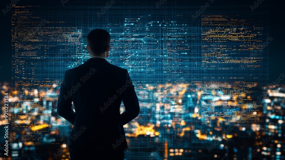 A businessman contemplates data analytics while overlooking a vibrant city skyline at night, showcasing innovation and technology. A businessman contemplates data analytics while overlooking a vibrant city skyline at night, showcasing innovation and technology.