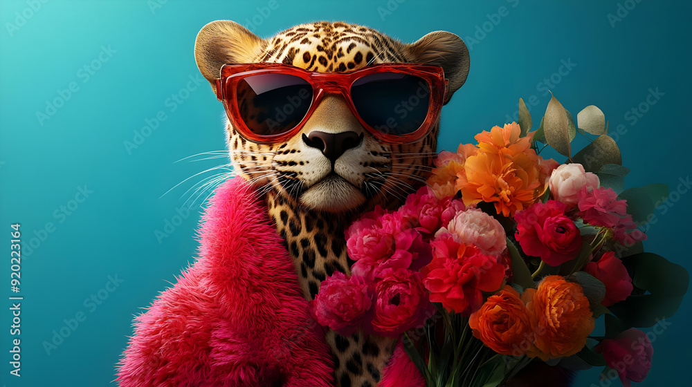 Fototapeta premium A stylish leopard wearing sunglasses holds a bouquet of colorful flowers.