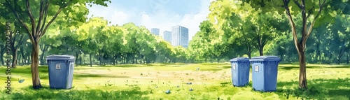 Park with regulated waste bins, clean public spaces, community awareness, watercolor style