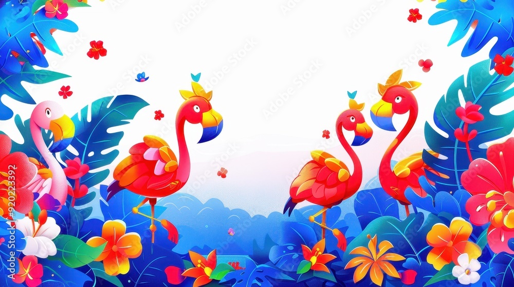 Obraz premium Vibrant illustration of colorful flamingos amidst lush tropical leaves and flowers, 