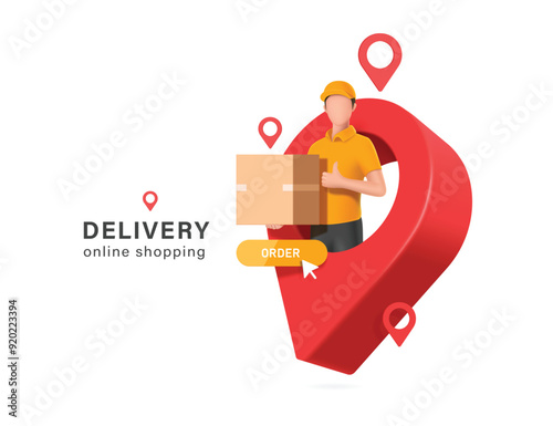male delivery driver in a yellow uniform carries a parcel box or cardboard box on red pin map indicating customer's location, vector 3d isolated on white background for online shopping design