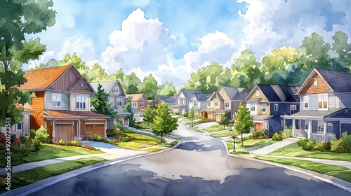 Residential neighborhood with air quality monitoring, pollution control, safe living environment, watercolor style
