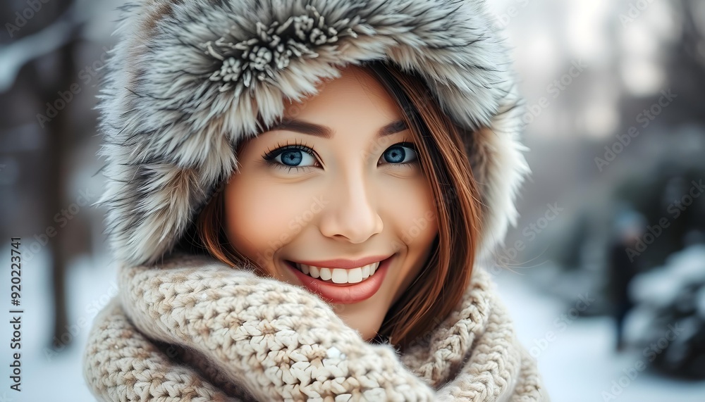 Smiling Woman in Winter Attire with Fur Hat and Scarf Smiling Woman in Winter Attire with Fur Hat and Scarf