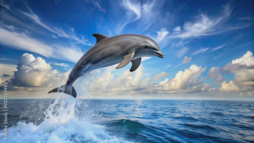 Fototapeta premium Dolphin jumping gracefully out of ocean water, dolphin, ocean, wildlife, marine life, majestic, freedom, aquatic, nature, playful