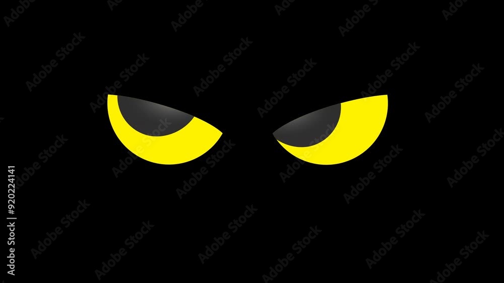 Animated cartoon of a pair of yellow eyeballs blinking, moving right and left in the dark. Looping animation