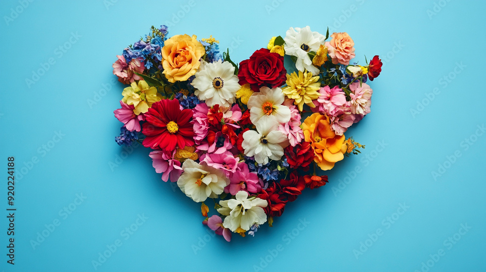 Top view arrangement of colorful flowers with heart Top view arrangement of colorful flowers with heart