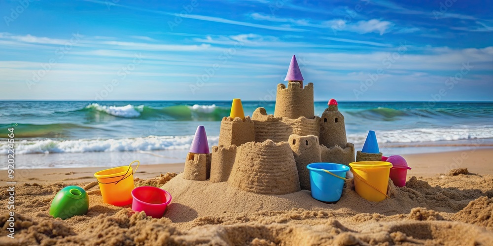 Sand castle surrounded by beach toys, sand castle, beach toys, sand, bucket, shovel, pail, sea shells, fun, summer, childhood Sand castle surrounded by beach toys, sand castle, beach toys, sand, bucket, shovel, pail, sea shells, fun, summer, childhood