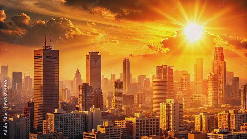 Fototapeta premium Extreme heat waves engulfing urban city buildings in summer, climate change
