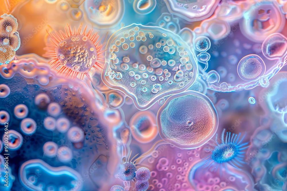 Zooming in on microorganisms, microscopic view of living organisms in color Zooming in on microorganisms, microscopic view of living organisms in color