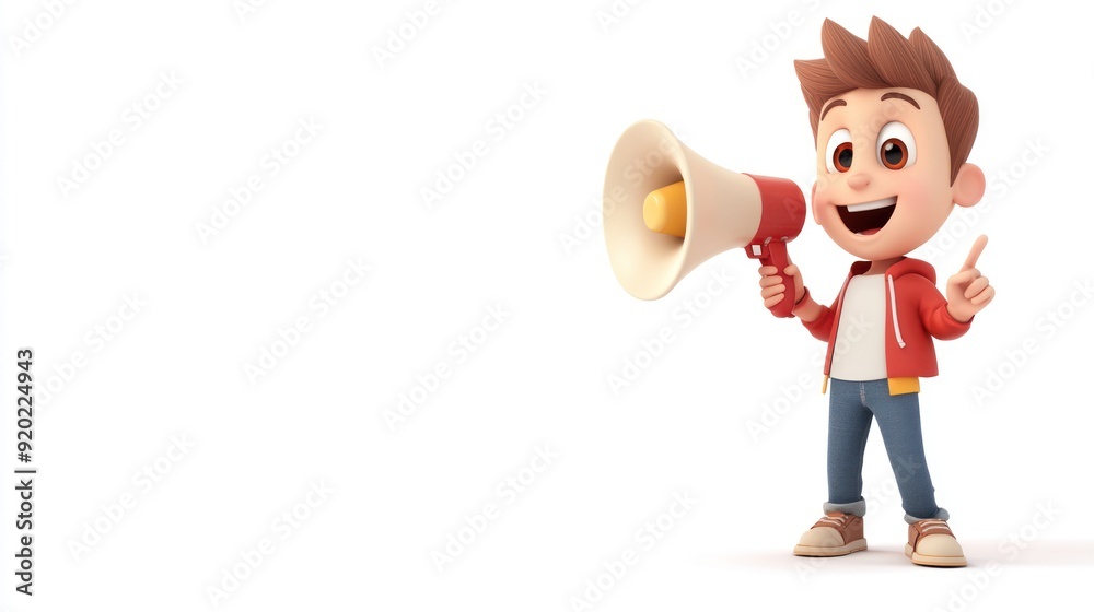 Cheerful 3D Cartoon Boy Holding Megaphone and Pointing Up. Cheerful 3D Cartoon Boy Holding Megaphone and Pointing Up.