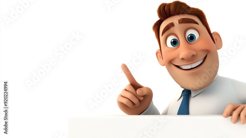 Smiling cartoon businessman pointing up at blank white space.