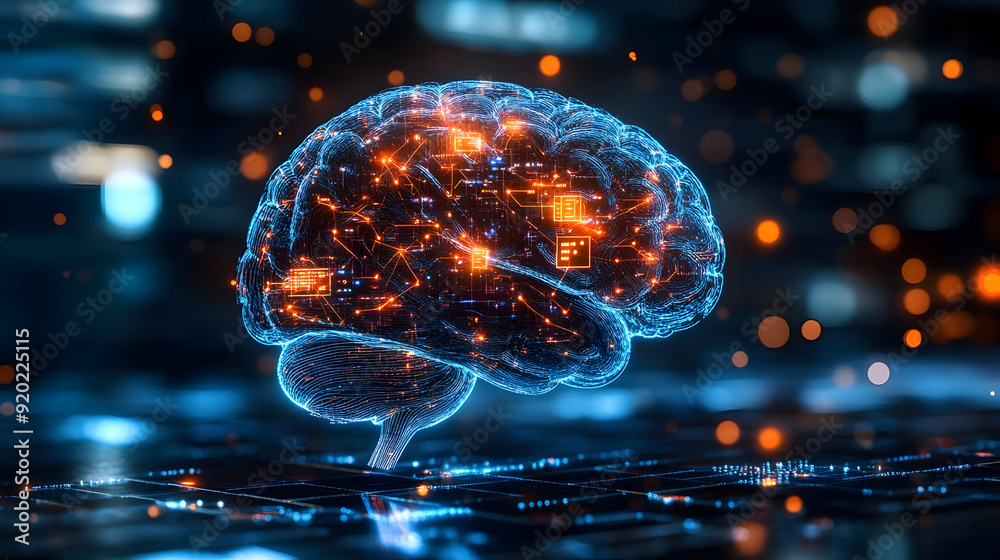 A digital representation of a brain with glowing connections, symbolizing intelligence and technology.