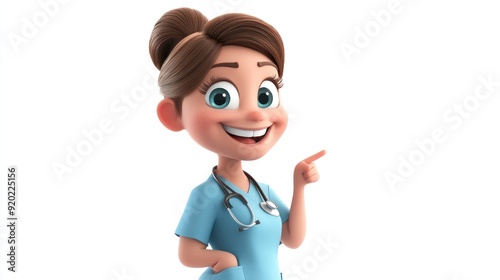 Cartoon female nurse in blue scrubs with stethoscope smiling and pointing to the right.