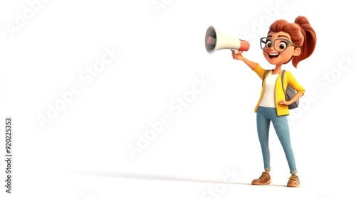 Cheerful cartoon girl with ponytail, wearing yellow sweater, jeans and holding a megaphone.