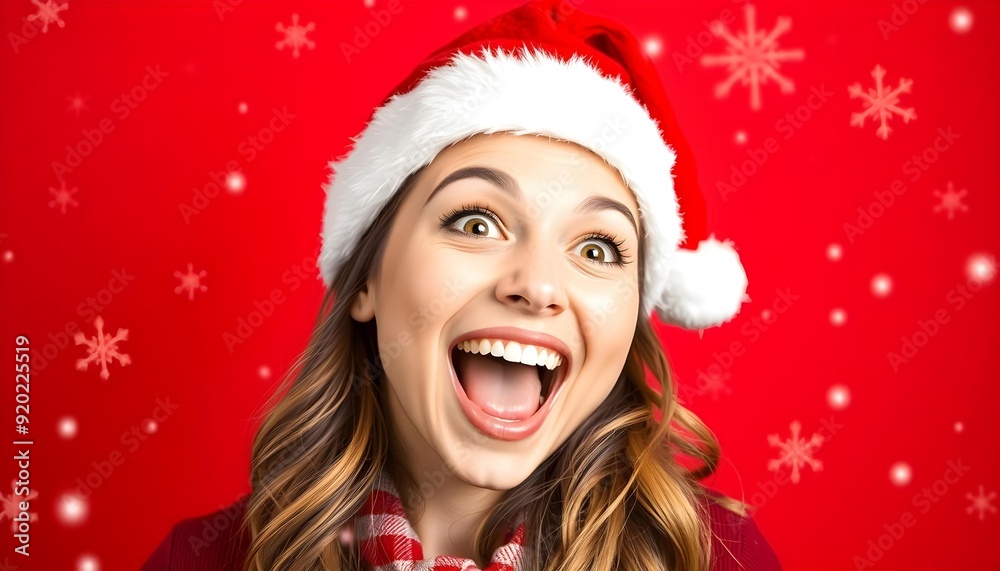 Excited Woman in Santa Hat with Holiday Sparkles Background Excited Woman in Santa Hat with Holiday Sparkles Background