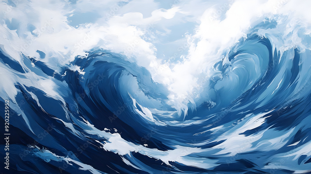 A dynamic depiction of crashing ocean waves under a bright sky. A dynamic depiction of crashing ocean waves under a bright sky.