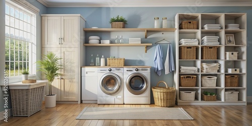 Home laundry room with dresser, softeners, powder, towels, open washing machine, wicker basket, and dryer