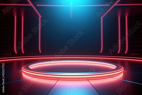 Futuristic neon stage with pink and blue lights, circular platform.