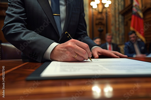 Politician signing bill, legislative document, political action