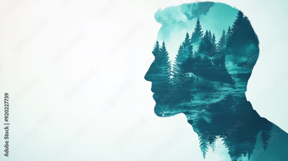 A creative double exposure image blending a human silhouette with a serene landscape of trees and water, symbolizing nature and introspection. A creative double exposure image blending a human silhouette with a serene landscape of trees and water, symbolizing nature and introspection.