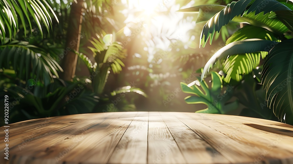 Tropical Wooden Table with Sunlit Greenery Tropical Wooden Table with Sunlit Greenery