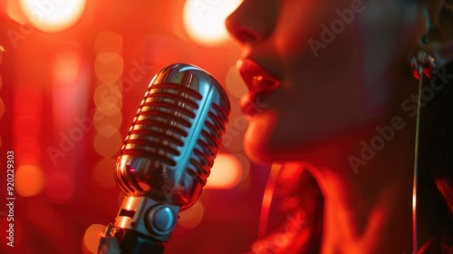 Elegant singer performing on stage with vibrant red and yellow lights creating a mesmerizing ambiance