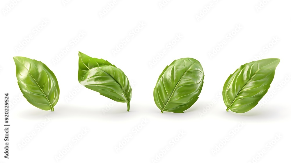Basil leaf flat lay on white background. Green basil leaves collection