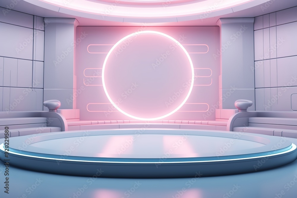 Futuristic pink and blue room with a circular platform and glowing lights. Futuristic pink and blue room with a circular platform and glowing lights.