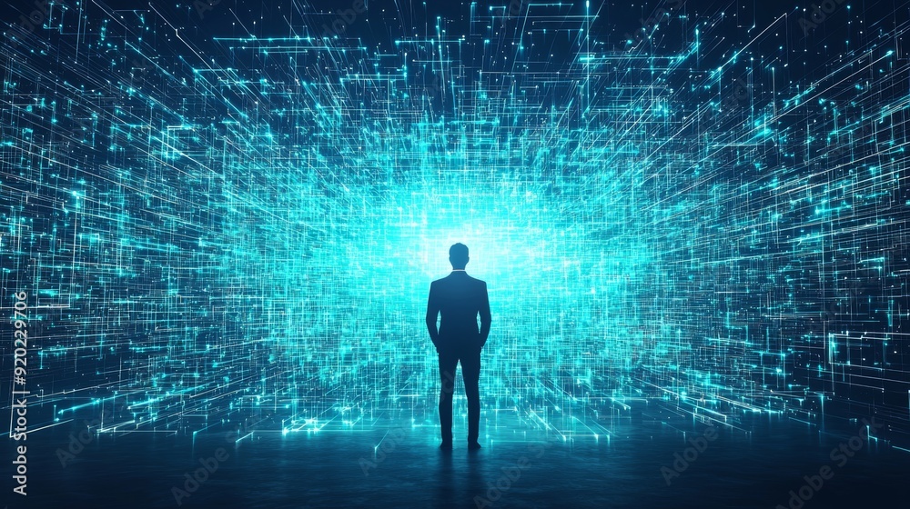 A figure stands before a vibrant digital landscape, symbolizing the fusion of technology and human potential.