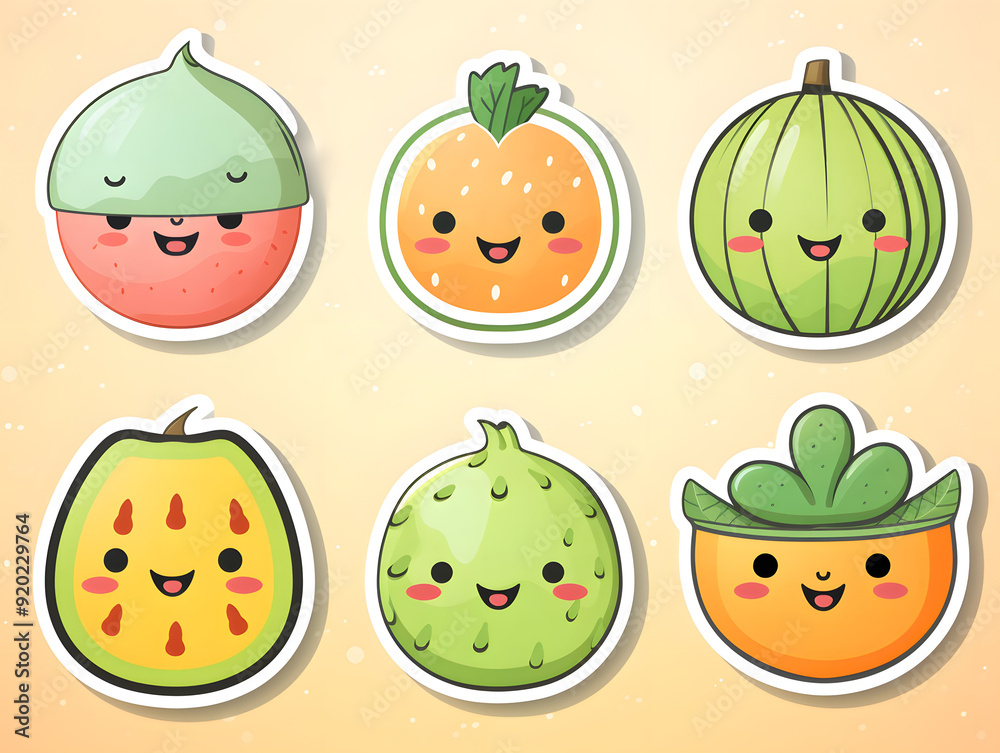 Fototapeta premium Cantaloupe kawaii stickers with vibrant color