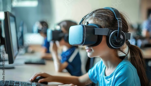 A child immersed in virtual reality, wearing a headset and headphones, engaging with technology in a classroom setting.