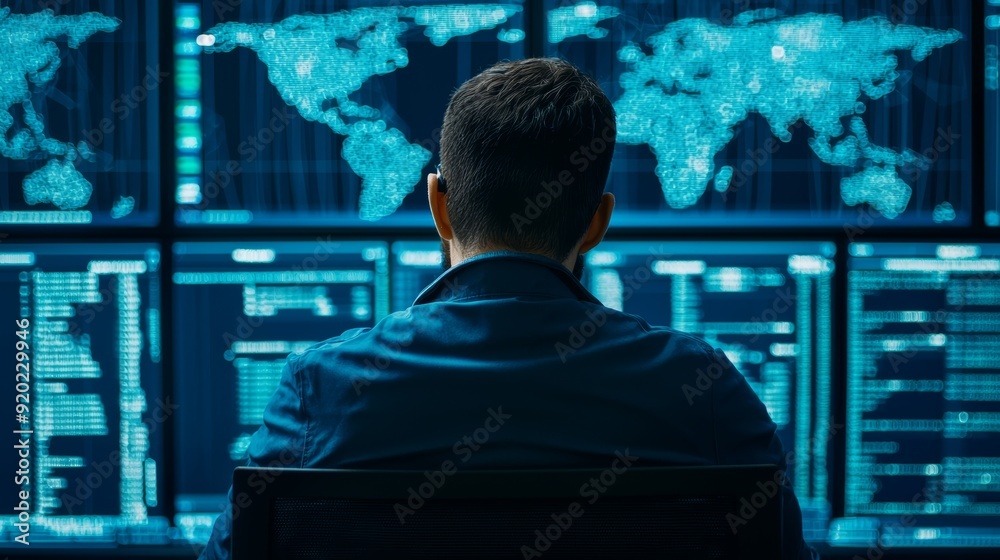 A focused individual analyzes data on multiple screens, showcasing a modern workspace with global maps and statistics. A focused individual analyzes data on multiple screens, showcasing a modern workspace with global maps and statistics.
