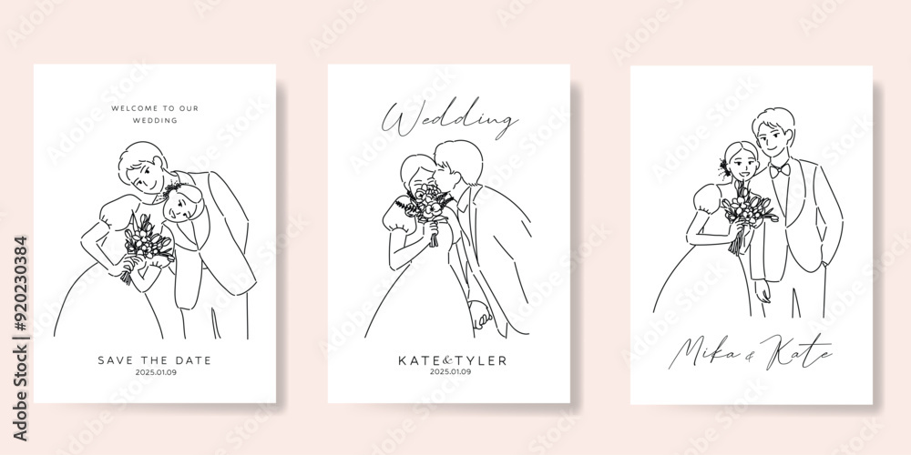 Elegant wedding invitation card background vector. Minimal hand drawn bride and groom in black line art. Design for wedding, vip cover template, rsvp modern card, poster. Elegant wedding invitation card background vector. Minimal hand drawn bride and groom in black line art. Design for wedding, vip cover template, rsvp modern card, poster.