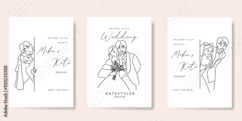 Elegant wedding invitation card background vector. Minimal hand drawn bride and groom in black line art. Design for wedding, vip cover template, rsvp modern card, poster.