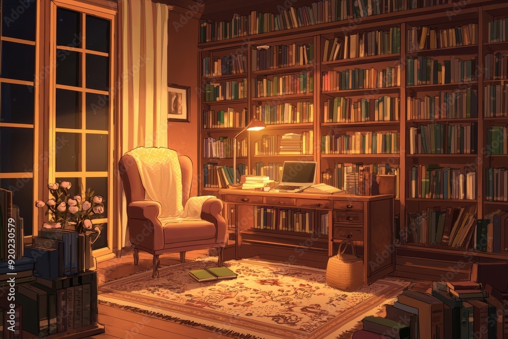 Fototapeta premium A peaceful library scene with a student reading at a desk surrounded by books The setting feels cozy vibe, Generative AI 