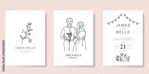 Elegant wedding invitation card background vector. Minimal hand drawn bride,  groom and flower in black line art. Design for wedding, vip cover template, rsvp modern card, poster.