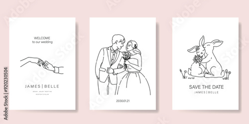 Elegant wedding invitation card background vector. Minimal hand drawn bride,  groom and rabbit in black line art. Design for wedding, vip cover template, rsvp modern card, poster.