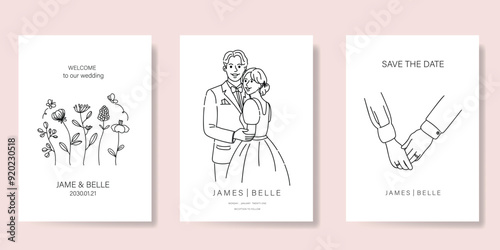 Elegant wedding invitation card background vector. Minimal hand drawn bride,  groom and flower in black line art. Design for wedding, vip cover template, rsvp modern card, poster.