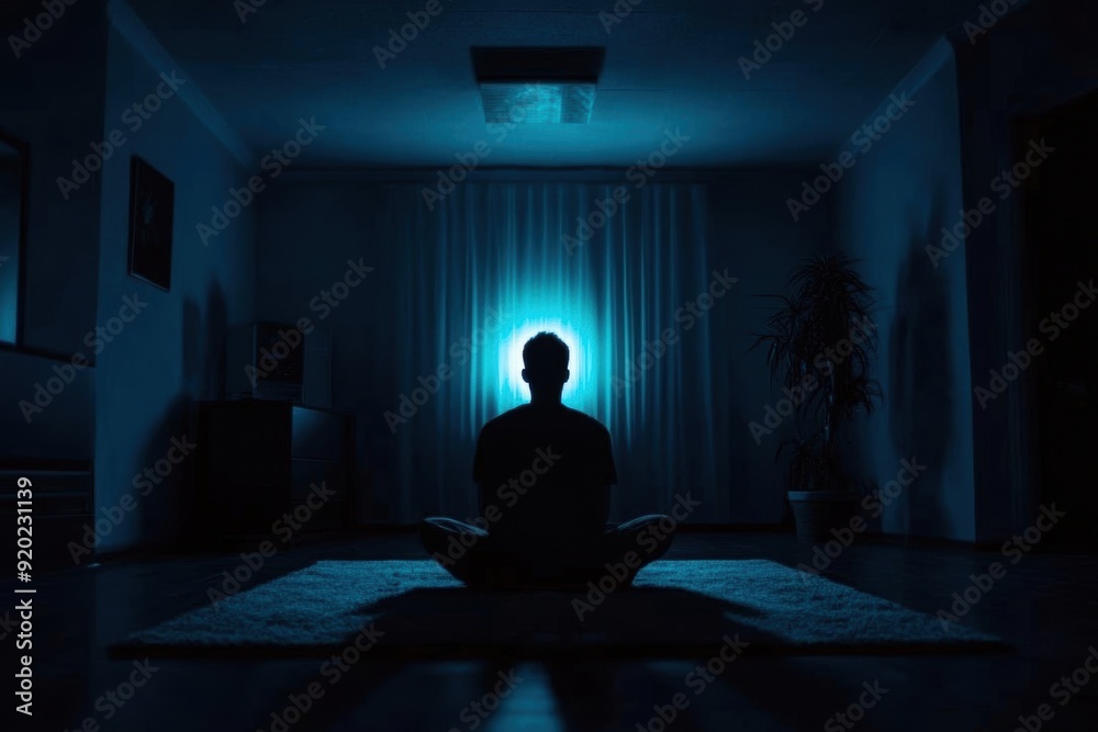 A person sits in a dark room, illuminated by a single dim light, revealing fatigue, sleepiness, and mental isolation. A person sits in a dark room, illuminated by a single dim light, revealing fatigue, sleepiness, and mental isolation.