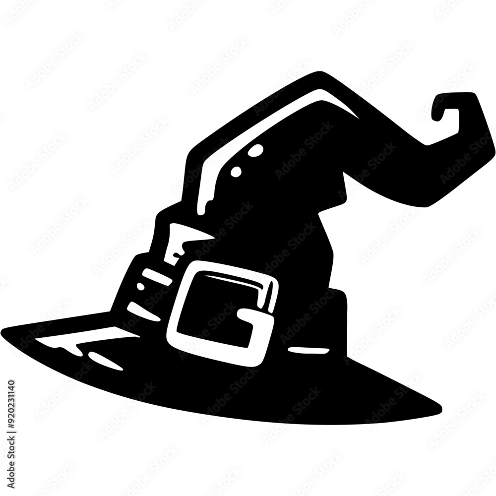 Dented pointed witch hat in monochrome. Simple minimalistic vector in black ink drawing on transparent background