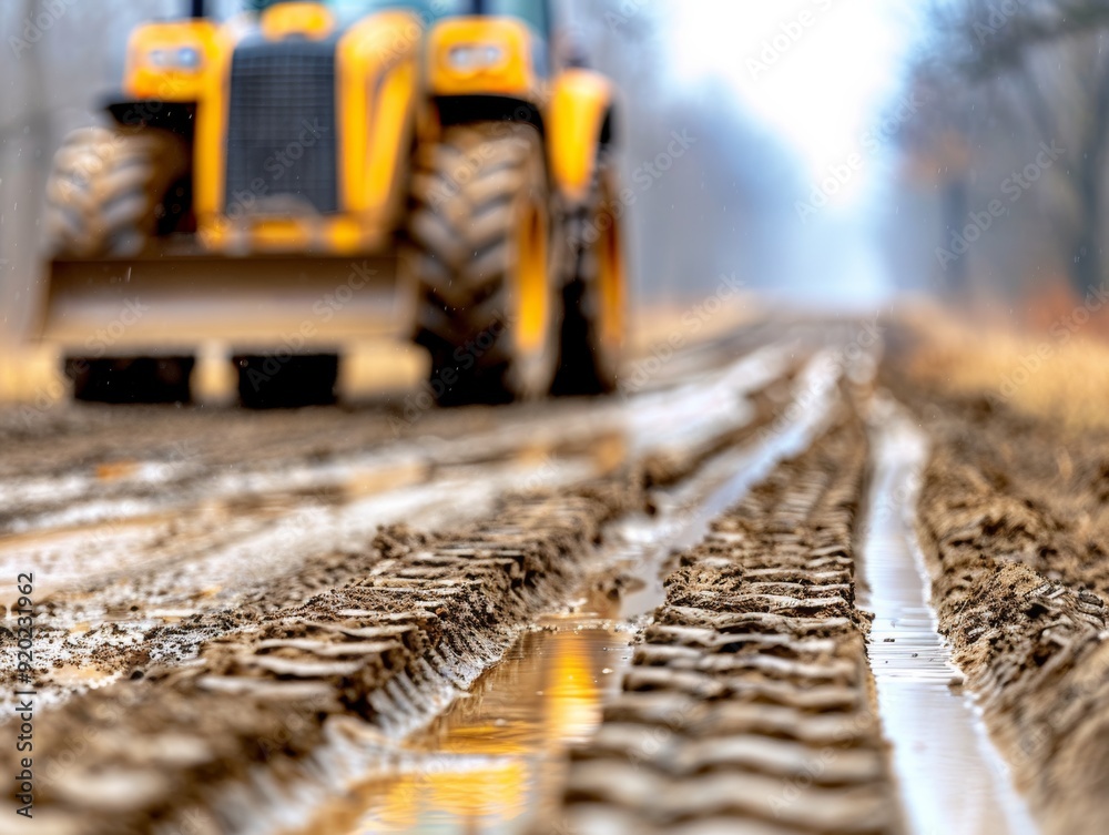 A Close up View of Backhoe s Detailed Tread Pattern and Muddy Terrain Traversed A Close up View of Backhoe s Detailed Tread Pattern and Muddy Terrain Traversed