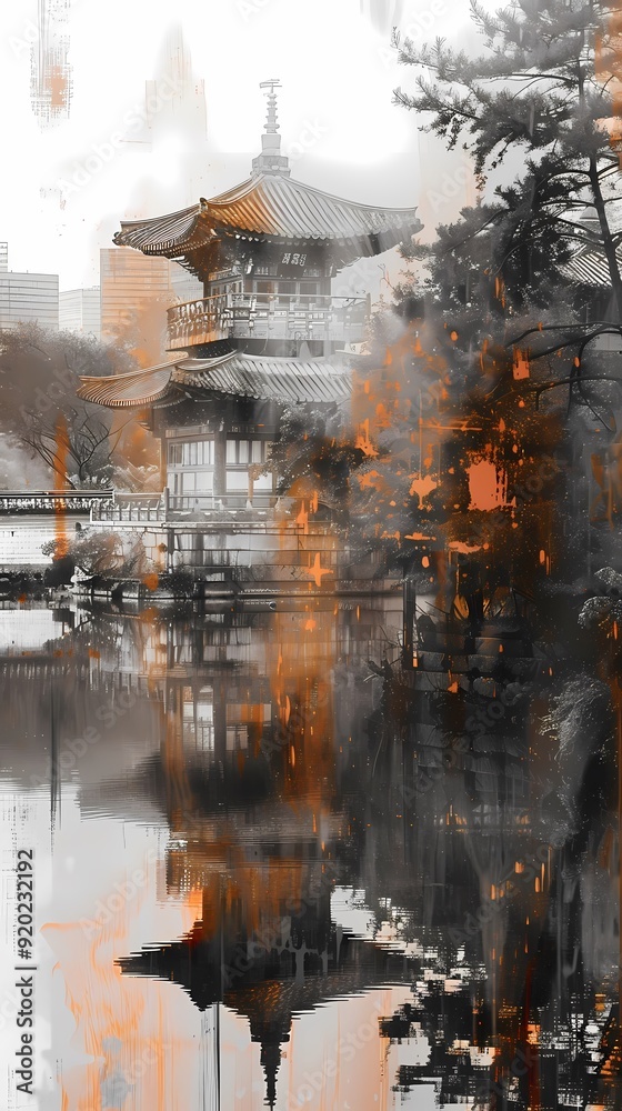 Fototapeta premium Dusk architecture traditional landscape illustration background poster decorative painting